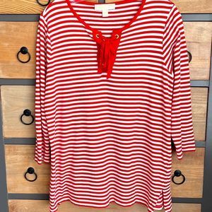 Michael Kors Red and White Striped Long Sleeve Top with Lace Up Bodice Large